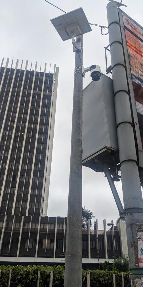Solar-powered CCTV near the SNI building in Douala, Cameroon